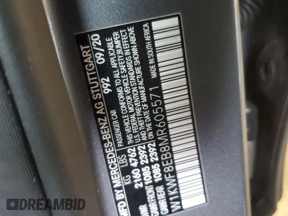 2021 Mercedes-Benz C 300 with VIN W1KWF8EB8MR605571, listed as a Copart auction lot 55289805 with 41,529 mi miles and Salvage title. Bid and sale history available at DreamBid. Image 12.