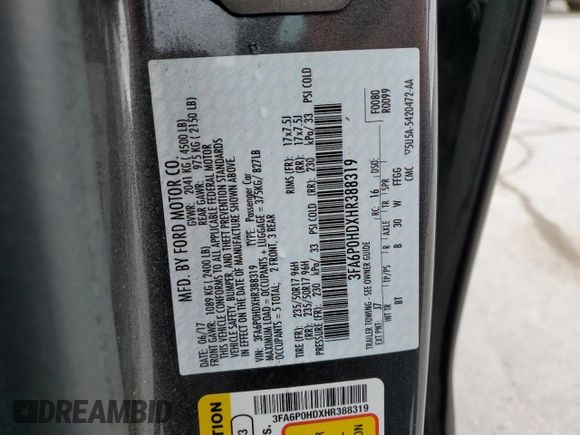 2017 Ford Fusion SE with VIN 3FA6P0HDXHR388319, listed as a Copart auction lot 51466285 with 176,811 mi miles and Salvage Title. Bid and sale history available at DreamBid. Image 15.