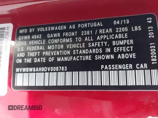 2013 Volkswagen Eos Komfort with VIN WVWBW8AH9DV008763, listed as a IAAI auction lot 41893700 with 53,766 mi miles and . Bid and sale history available at DreamBid. Image 9.