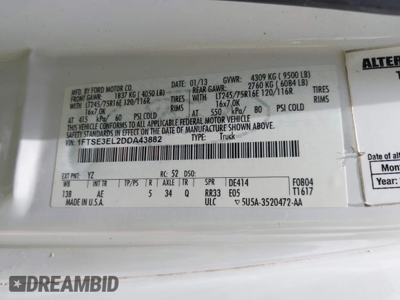 2013 Ford Econoline Cargo Commercial with VIN 1FTSE3EL2DDA43882, listed as a IAAI auction lot 42606038 with 232,165 mi miles and . Bid and sale history available at DreamBid. Image 9.