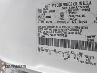 2000 Ford Explorer XLT z VIN 1FMDU73E6YZB38828, wystawiony jako IAAI lot #42458837 z przebiegiem 190 053 mil mil oraz . Historia ofert i sprzedaży dostępna na DreamBid. Obrazek 9.