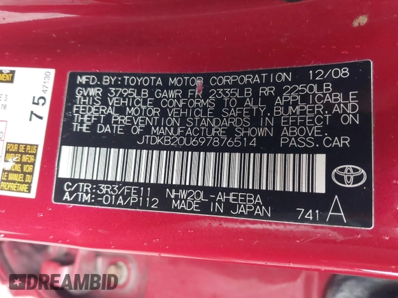 2009 Toyota Prius z VIN JTDKB20U697876514, wystawiony jako IAAI lot #41933686 z przebiegiem 189 430 mil mil oraz . Historia ofert i sprzedaży dostępna na DreamBid. Obrazek 9.