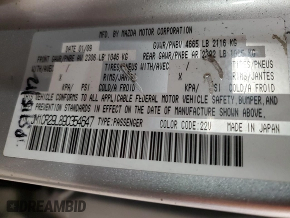 2009 Mazda 5 Grand Touring with VIN JM1CR29L890354647, listed as a Copart auction lot 48302305 with 180,810 mi miles and Salvage title. Bid and sale history available at DreamBid. Image 13.