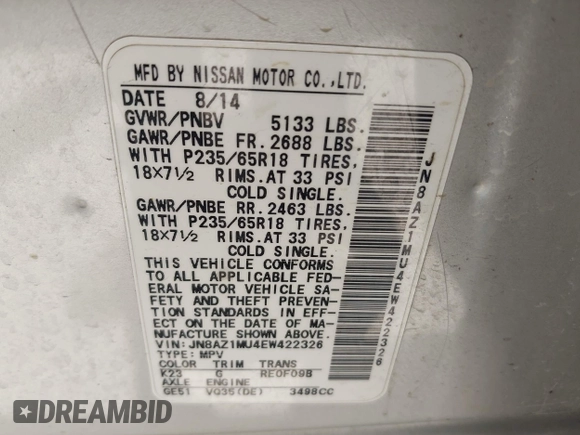 2014 Nissan Murano SV z VIN JN8AZ1MU4EW422326, wystawiony jako IAAI lot #42443318 z przebiegiem 229 169 mil mil oraz . Historia ofert i sprzedaży dostępna na DreamBid. Obrazek 9.