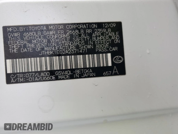 2010 Lexus ES 330 z VIN JTHBK1EG2A2371471, wystawiony jako Copart lot #57050725 z przebiegiem 133 576 mil mil oraz Szkoda całkowita • Salvage title. Historia ofert i sprzedaży dostępna na DreamBid. Obrazek 13.