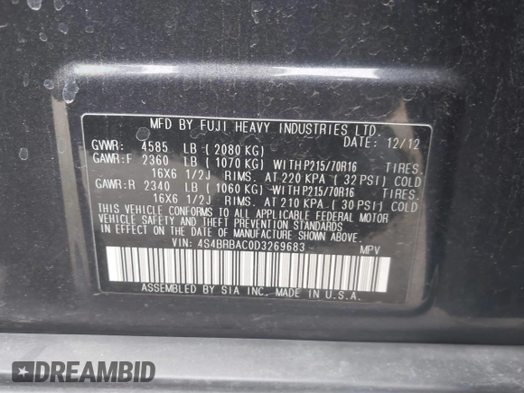 2013 Subaru Outback 2.5i с VIN 4S4BRBAC0D3269683, выставлен на аукционе IAAI как лот 41509711 с пробегом 121 598 миль миль и . История ставок и продаж доступна на DreamBid. Изображение 9.