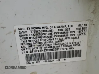 2013 Honda Pilot Touring with VIN 5FNYF4H9XDB035812, listed as a Copart auction lot 51532195 with 84,923 mi miles and Salvage Title. Bid and sale history available at DreamBid. Image 14.
