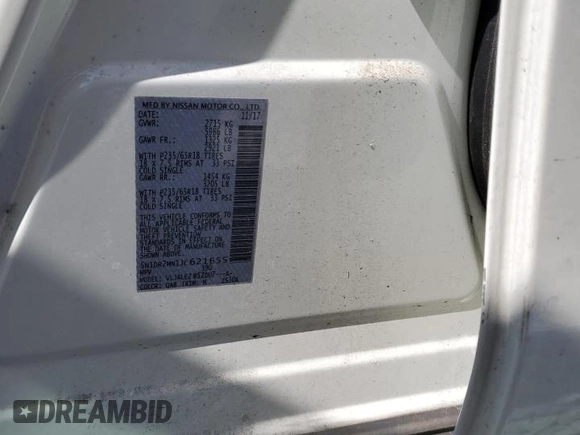 2018 Nissan Pathfinder SV z VIN 5N1DR2MN1JC621655, wystawiony jako Copart lot #58040845 z przebiegiem 81 765 mil mil oraz Szkoda całkowita • Salvage title. Historia ofert i sprzedaży dostępna na DreamBid. Obrazek 13.