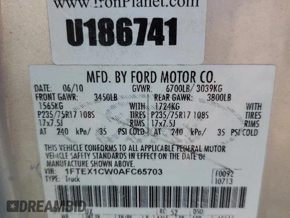 2010 Ford F-150 XL with VIN 1FTEX1CW0AFC65703, listed as a Copart auction lot 48744955 with 332,310 mi miles and Salvage Title. Bid and sale history available at carsss.com. Image 12.