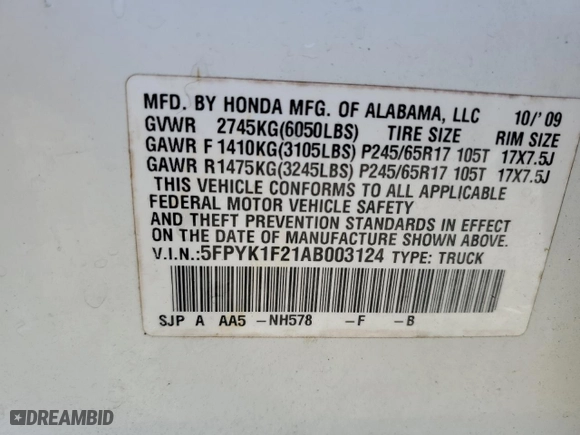 2010 Honda Ridgeline RT with VIN 5FPYK1F21AB003124, listed as a Copart auction lot 46616705 with 133,915 mi miles and Salvage Title. Bid and sale history available at carsss.com. Image 13.