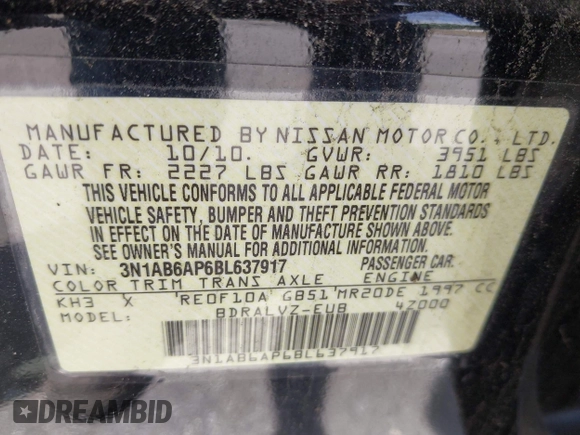2011 Nissan Sentra SL with VIN 3N1AB6AP6BL637917, listed as a IAAI auction lot 42123076 with Not Provided miles and . Bid and sale history available at DreamBid. Image 9.