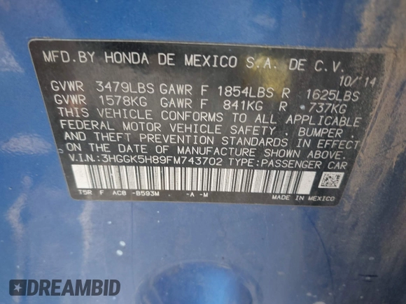 2015 Honda Fit EX-L with VIN 3HGGK5H89FM743702, listed as a IAAI auction lot 42471794 with 174,496 mi miles and . Bid and sale history available at DreamBid. Image 9.