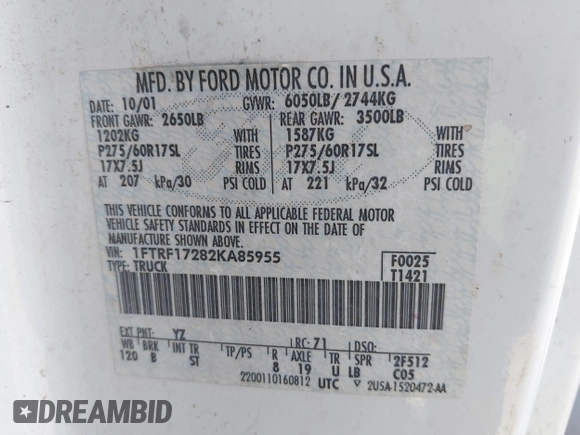 2002 Ford F-150 XL with VIN 1FTRF17282KA85955, listed as a IAAI auction lot 41424999 with 183,700 mi miles and . Bid and sale history available at DreamBid. Image 9.