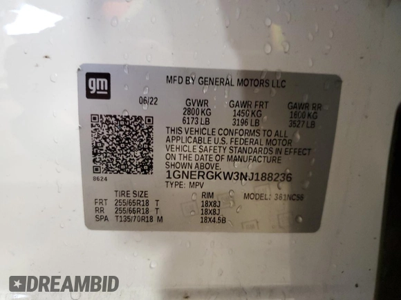 2022 Chevrolet Traverse LT Cloth z VIN 1GNERGKW3NJ188236, wystawiony jako Copart lot #51390655 z przebiegiem 50 633 mil mil oraz Szkoda całkowita • Salvage title. Historia ofert i sprzedaży dostępna na DreamBid. Obrazek 13.