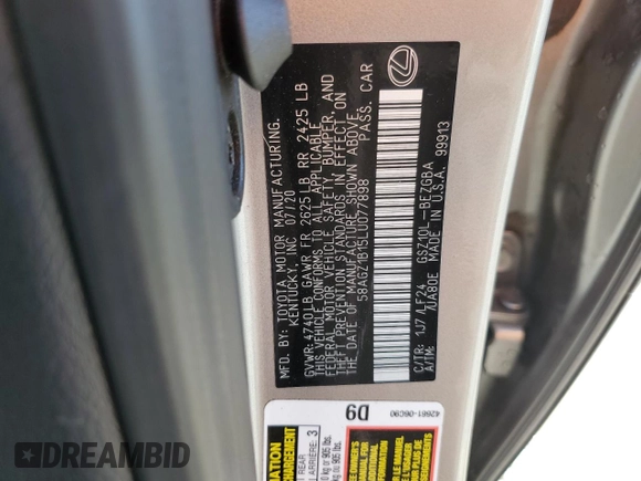 2020 Lexus ES 350 F Sport z VIN 58AGZ1B15LU077898, wystawiony jako Copart lot #49186285 z przebiegiem 38 895 mil mil oraz Szkoda całkowita • Salvage title. Historia ofert i sprzedaży dostępna na DreamBid. Obrazek 12.