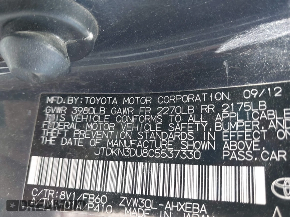 2012 Toyota Prius One with VIN JTDKN3DU8C5537330, listed as a IAAI auction lot 42214749 with 322,749 mi miles and . Bid and sale history available at DreamBid. Image 9.