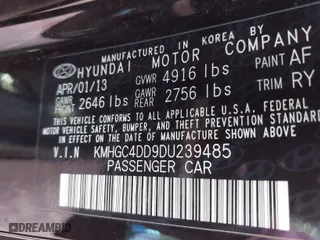 2013 Hyundai Genesis 3.8L with VIN KMHGC4DD9DU239485, listed as a IAAI auction lot 41930475 with 309,349 mi miles. Bid and sale history available at carsss.com. Image 9.