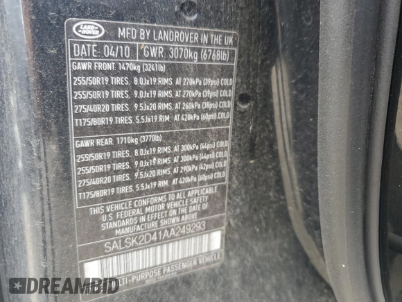2010 Land Rover Range Rover Sport HSE Lux with VIN SALSK2D41AA249293, listed as a Copart auction lot 61555505 with Not provided miles and Clean title. Bid and sale history available at DreamBid. Image 13.