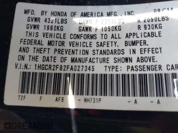 2015 Honda Accord EX-L с VIN 1HGCR2F82FA027345, выставлен на аукционе IAAI как лот 42410979 с пробегом 152 479 миль миль и . История ставок и продаж доступна на DreamBid. Изображение 9.