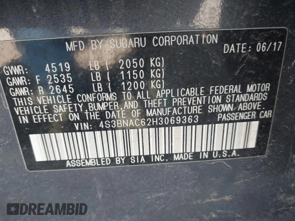 2017 Subaru Legacy Premium with VIN 4S3BNAC62H3069363, listed as a IAAI auction lot 41754513 with 67,624 mi miles and . Bid and sale history available at DreamBid. Image 9.