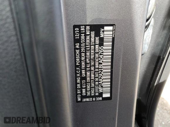 2011 Porsche Cayenne with VIN WP1AA2A21BLA04765, listed as a Copart auction lot 55946445 with 126,904 mi miles and Salvage title. Bid and sale history available at DreamBid. Image 13.