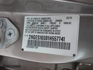 2001 Honda Civic LX with VIN 2HGES16591H557741, listed as a IAAI auction lot 41966212 with 231,347 mi miles. Bid and sale history available at carsss.com. Image 9.