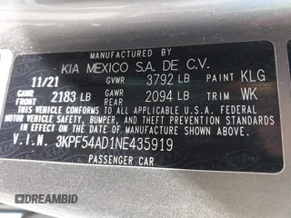 2022 Kia Forte GT-Line with VIN 3KPF54AD1NE435919, listed as a IAAI auction lot 41790738 with 30,502 mi miles. Bid and sale history available at carsss.com. Image 9.