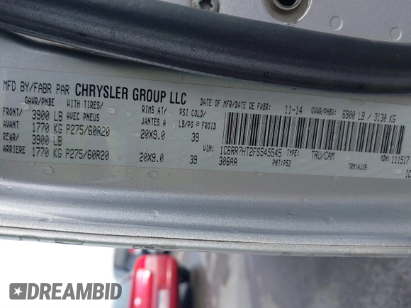 2015 Ram 1500 Sport with VIN 1C6RR7HT2FS545545, listed as a IAAI auction lot 40477491 with 231,239 mi miles and . Bid and sale history available at DreamBid. Image 9.