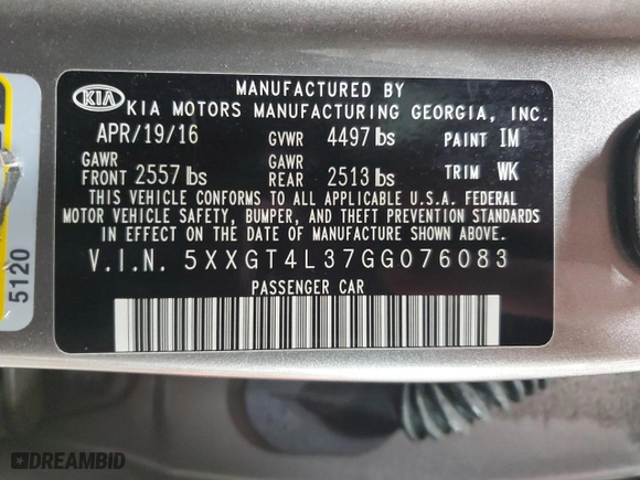 2016 Kia Optima LX with VIN 5XXGT4L37GG076083, listed as a Copart auction lot 52959675 with 81,209 mi miles and Salvage Title. Bid and sale history available at carsss.com. Image 13.
