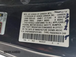 2015 Honda Civic Si with VIN 2HGFG4A50FH701845, listed as a IAAI auction lot 42515514 with 135,011 mi miles and . Bid and sale history available at DreamBid. Image 9.