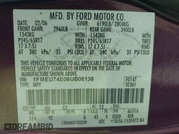 2006 Ford Explorer Eddie Bauer with VIN 1FMEU74E06UB08138, listed as a IAAI auction lot 42485188 with 196,708 mi miles and . Bid and sale history available at DreamBid. Image 9.