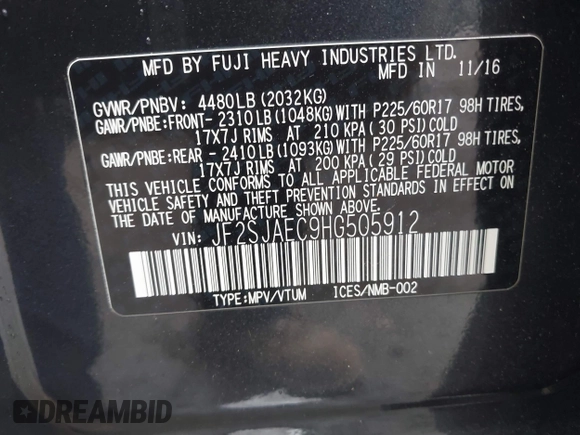 2017 Subaru Forester Premium with VIN JF2SJAEC9HG505912, listed as a IAAI auction lot 41165598 with 116,435 mi miles. Bid and sale history available at carsss.com. Image 9.