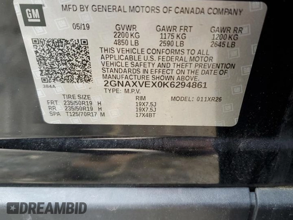 2019 Chevrolet Equinox LT with VIN 2GNAXVEX0K6294861, listed as a Copart auction lot 73269454 with 0 mi miles and Salvage Title. Bid and sale history available at carsss.com. Image 13.