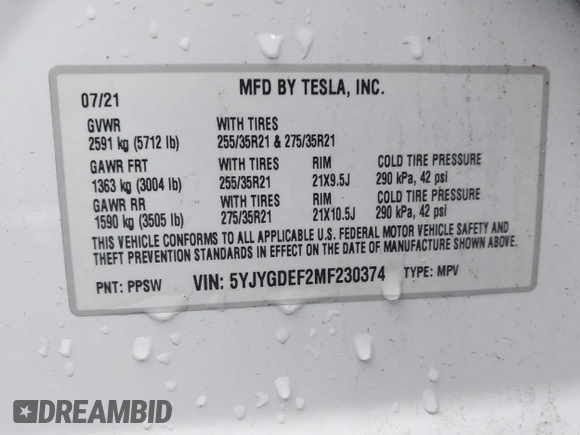 2021 Tesla Model Y Performance with VIN 5YJYGDEF2MF230374, listed as a IAAI auction lot 41708828 with 20,272 mi miles. Bid and sale history available at carsss.com. Image 9.