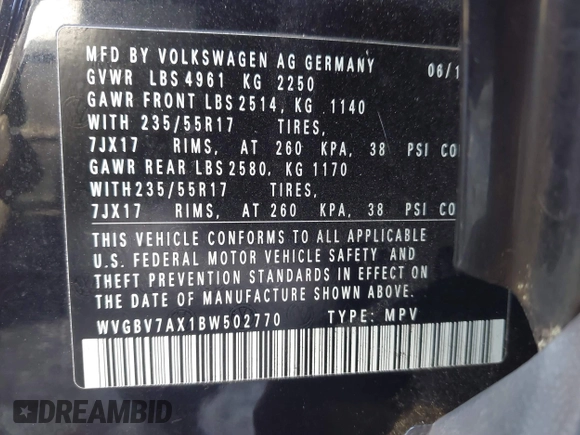 2011 Volkswagen Tiguan SE with VIN WVGBV7AX1BW502770, listed as a IAAI auction lot 41739698 with 160,556 mi miles and . Bid and sale history available at DreamBid. Image 9.