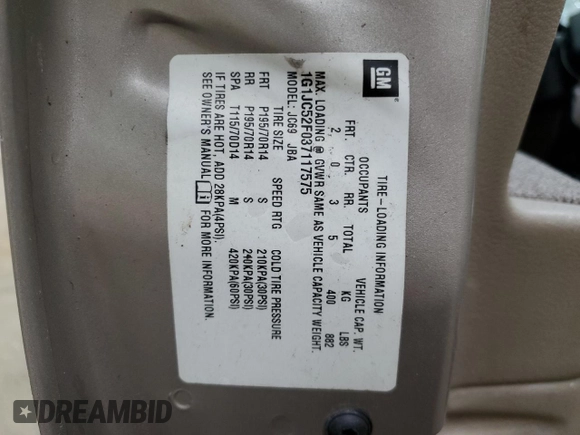 2003 Chevrolet Cavalier with VIN 1G1JC52F037117575, listed as a Copart auction lot 72613074 with 0 mi miles and Salvage Title. Bid and sale history available at carsss.com. Image 14.