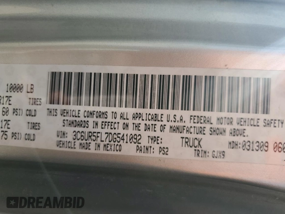2013 Ram 2500 Laramie with VIN 3C6UR5FL7DG541092, listed as a Copart auction lot 50466065 with 162,392 mi miles and Salvage title. Bid and sale history available at DreamBid. Image 12.