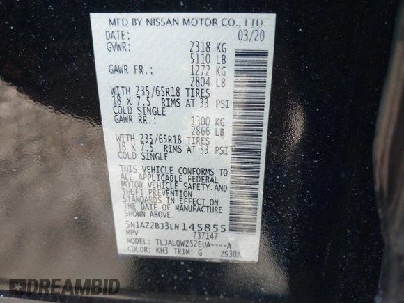 2020 Nissan Murano SV with VIN 5N1AZ2BJ3LN145855, listed as a IAAI auction lot 41396278 with 65,987 mi miles and . Bid and sale history available at DreamBid. Image 9.