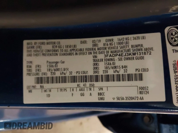 2019 Ford Fiesta SE with VIN 3FADP4EJ3KM131872, listed as a IAAI auction lot 41755601 with 82,139 mi miles. Bid and sale history available at carsss.com. Image 9.