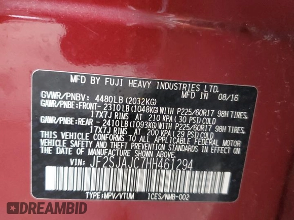 2017 Subaru Forester Limited with VIN JF2SJAJC7HH461294, listed as a Copart auction lot 45902633 with 102,613 mi miles. Bid and sale history available at carsss.com. Image 12.