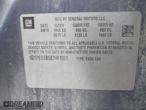 2014 Chevrolet Cruze 1LT с VIN 1G1PC5SB5E7461591, выставлен на аукционе IAAI как лот 41764302 с пробегом 129 924 миль миль и . История ставок и продаж доступна на DreamBid. Изображение 9.