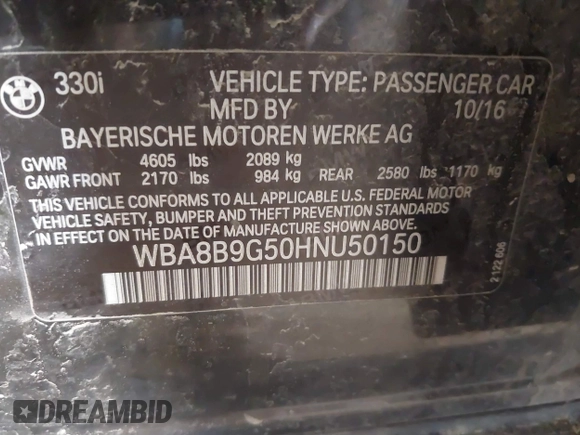 2017 BMW 3 Series 330i with VIN WBA8B9G50HNU50150, listed as a IAAI auction lot 41622594 with 111,511 mi miles and . Bid and sale history available at DreamBid. Image 9.