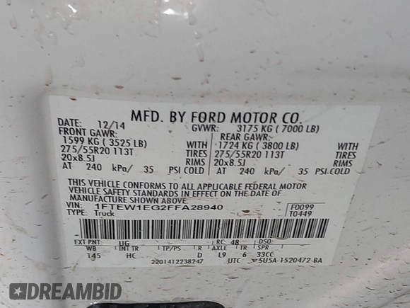 2015 Ford F-150 XLT with VIN 1FTEW1EG2FFA28940, listed as a IAAI auction lot 41902448 with 138,221 mi miles and . Bid and sale history available at DreamBid. Image 9.