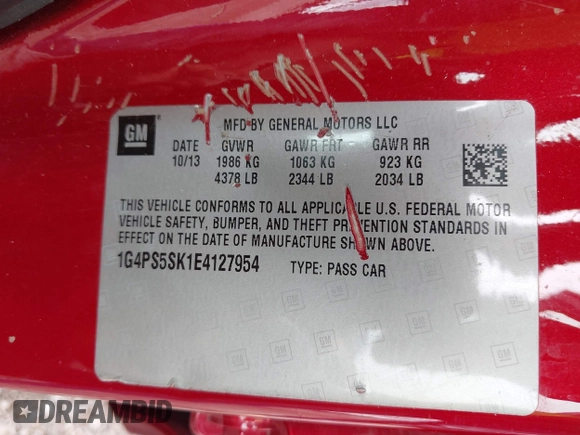 2014 Buick Verano Group with VIN 1G4PS5SK1E4127954, listed as a IAAI auction lot 42529457 with 112,438 mi miles and . Bid and sale history available at DreamBid. Image 9.