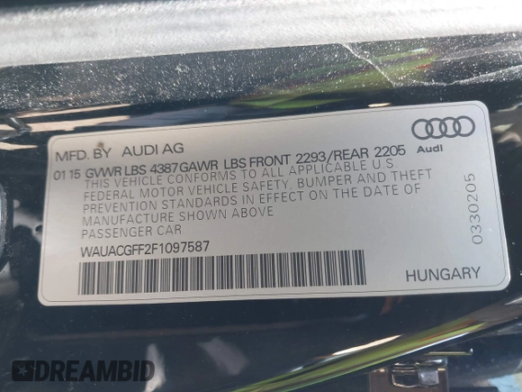 2015 Audi A3 Premium with VIN WAUACGFF2F1097587, listed as a IAAI auction lot 42688795 with 150,884 mi miles and . Bid and sale history available at DreamBid. Image 9.