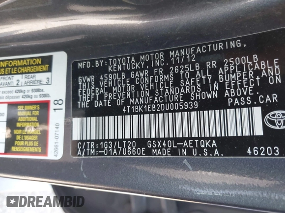 2013 Toyota Avalon XLE with VIN 4T1BK1EB2DU005939, listed as a IAAI auction lot 42172970 with 248,580 mi miles and . Bid and sale history available at DreamBid. Image 9.