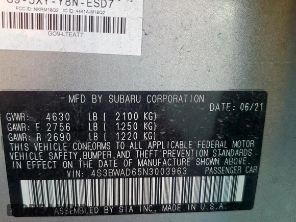 2022 Subaru Legacy Premium with VIN 4S3BWAD65N3003963, listed as a Copart auction lot 60762245 with 95,949 mi miles and Salvage title. Bid and sale history available at DreamBid. Image 13.