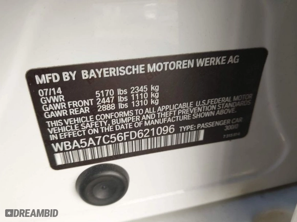 2015 BMW 5 Series 528i xDrive with VIN WBA5A7C56FD621096, listed as a IAAI auction lot 41412146 with 54,248 mi miles. Bid and sale history available at carsss.com. Image 9.