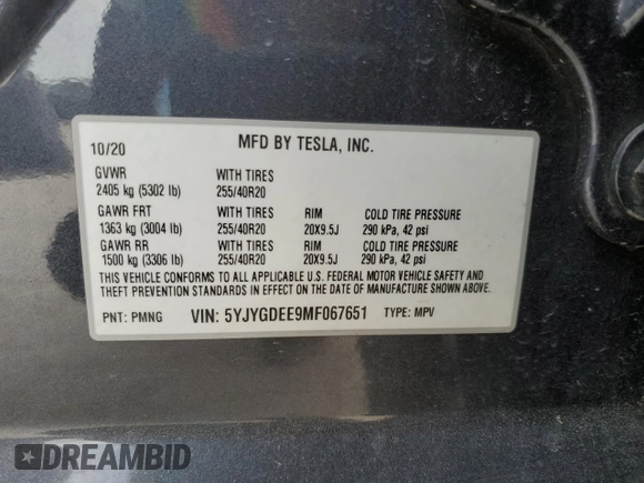2021 Tesla Model Y Long Range z VIN 5YJYGDEE9MF067651, wystawiony jako Copart lot #55758165 z przebiegiem 61 348 mil mil oraz Czysty tytuł • Clean title. Historia ofert i sprzedaży dostępna na DreamBid. Obrazek 13.
