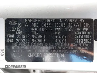 2019 Kia Niro LX with VIN KNDCB3LC3K5351134, listed as a IAAI auction lot 41364375 with 113,883 mi miles. Bid and sale history available at carsss.com. Image 9.